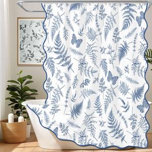 ORTIGIA Blue White Leaf Shower Curtain,Floral Botanical Butterflies Cute Scalloped Shower Curtain Waterproof Fabric Spring Summer Bathroom Decor with Metal Hook 72 W x 72 H Inch