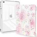 Feams for iPad 9th Generation Case, Trifold iPad 10.2 Case Clear Back Cover with Pencil Holder & Auto Sleep/Wake for iPad 9th/8th/7th Generation 2021/2020/2019, Cute Pink Flower