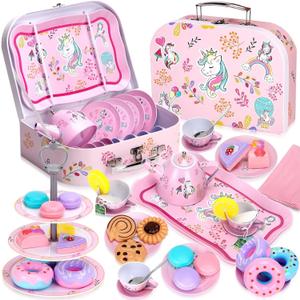 Auney Tea Set Girls Toys 36pcs, Tin Unicorn Tea Party Set Toy Pretend Play Gifts for Little Girls Age 3-6, Kids Toys Gifts for Toddlers Including Carrying Case (Unicorn Toy)