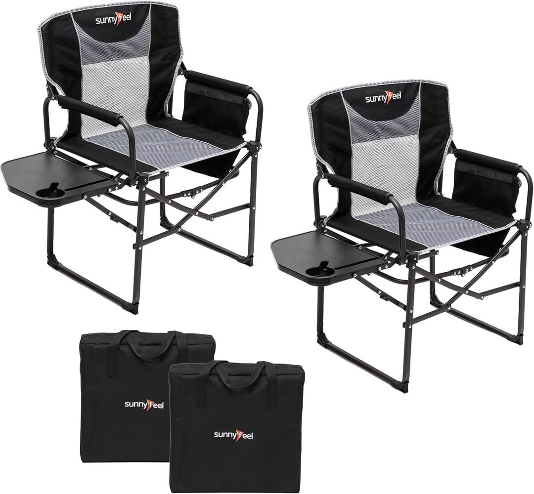 SUNNYFEEL Camping Directors Chair, Heavy Duty,Oversized Portable Folding Chair with Side Table, Pocket for Beach, Fishing,Trip,Picnic,Lawn,Concert Outdoor Foldable Camp Chairs (Black Grey-2set)