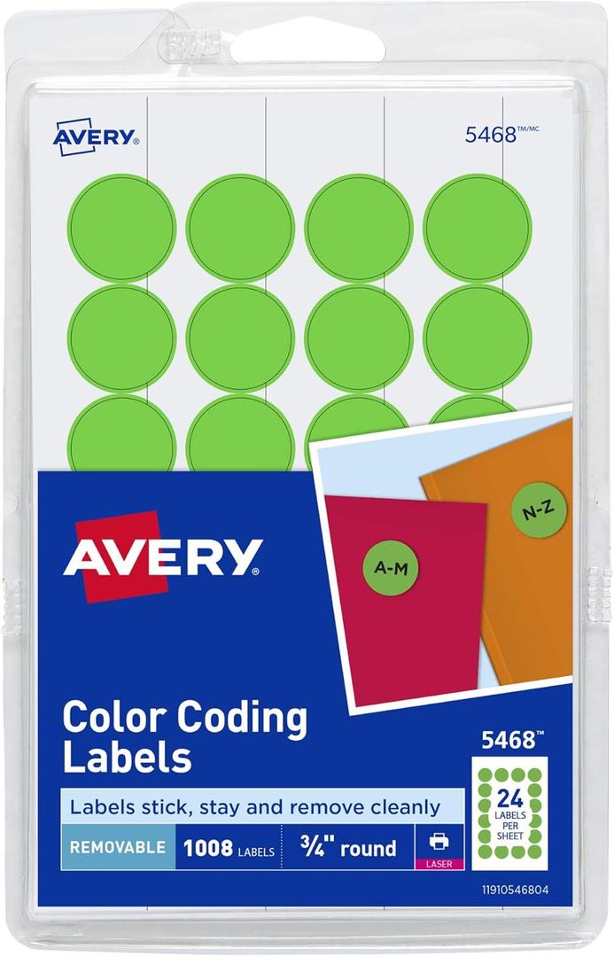 Avery Colored Dot Stickers, Removable Print or Write Circle Labels, 3/4 Inch, 1008 Neon Green Round Stickers (5468)