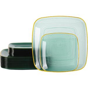 64 Pack Green Plastic Plates, Square Disposable Plate With Gold Rim Heavy Duty Party Dishes 32 Dinner Plates and 32 Dessert/Salad Plates For Wedding, Birthday