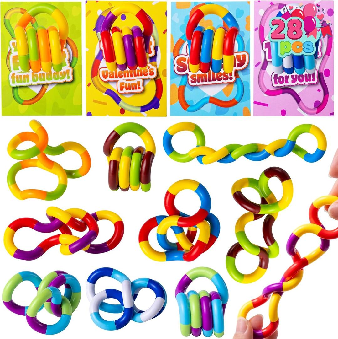 JOYIN 28 Pcs Valentines Day Twist & Spin Fidget Chains with Cards, Multicolored Fidget Toys for Stress Relief & Sensory Play, Valentines Kids Gifts with Cards Classroom Prize Party Favors
