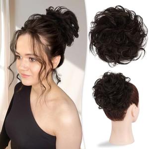 RUWISS Large Messy Bun Hair Piece 100% Human Hair Layered Wavy Curly Hair Buns Hair Piece for Women Updo Hairpiece for Daily Wear Real Hair Ponytail Extension (Dark Brown with 15% Dark Cocoa Blonde)