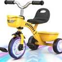 Tricycle for Toddlers 1-3 3-5 Year Olds, Construction Vehicle Toys Road Set Toddler Baby Balance Bike with Colorful Lighting Wheels & Large Basket, Birthday Gift and Toy for 1 2 3 4 5 Year Olds Boys (Yellow)