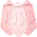 Muslin Hooded Baby Bath Towels - 3 Pack 100% Cotton Ultra-Soft Towels for Newborns, Infants, Toddlers - 32x32 Inch - Highly Absorbent, Quick-Dry Essentials for Bath Time, Beach, Pool, Pink Series