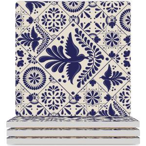 Mexican Talavera Style Tiles with Birds Square Ceramic Coaster with Cork Base Heat-Resistant Absorption Reusable Drink Coasters for Any Cups Housewarming Gifts for Friend 4 PCS