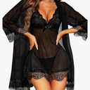 RSLOVE Women Sexy Lingerie Set 3 Piece Babydoll & Lace Kimono Robe Strap Chemise Sleepwear Mesh Nightgown, Size L