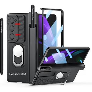 Compatible with Samsung Galaxy Z Fold 2 Case Heavy Duty Protective, Camera Lens Cover, Capacitance Pen & Pen Holder & Hinge Protection, Screen Protector, Metal Ring Stand Cover 5G 2020, Black