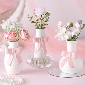 Ninehaoou 3 Pcs Pink Bow Ceramic Bud Vase Cute Mini 3.94 Inch Tall Ceramic Style Bow Vase for Flowers Pampas Grass Centerpieces Shelf Table Living Room, Wedding, Home Decor