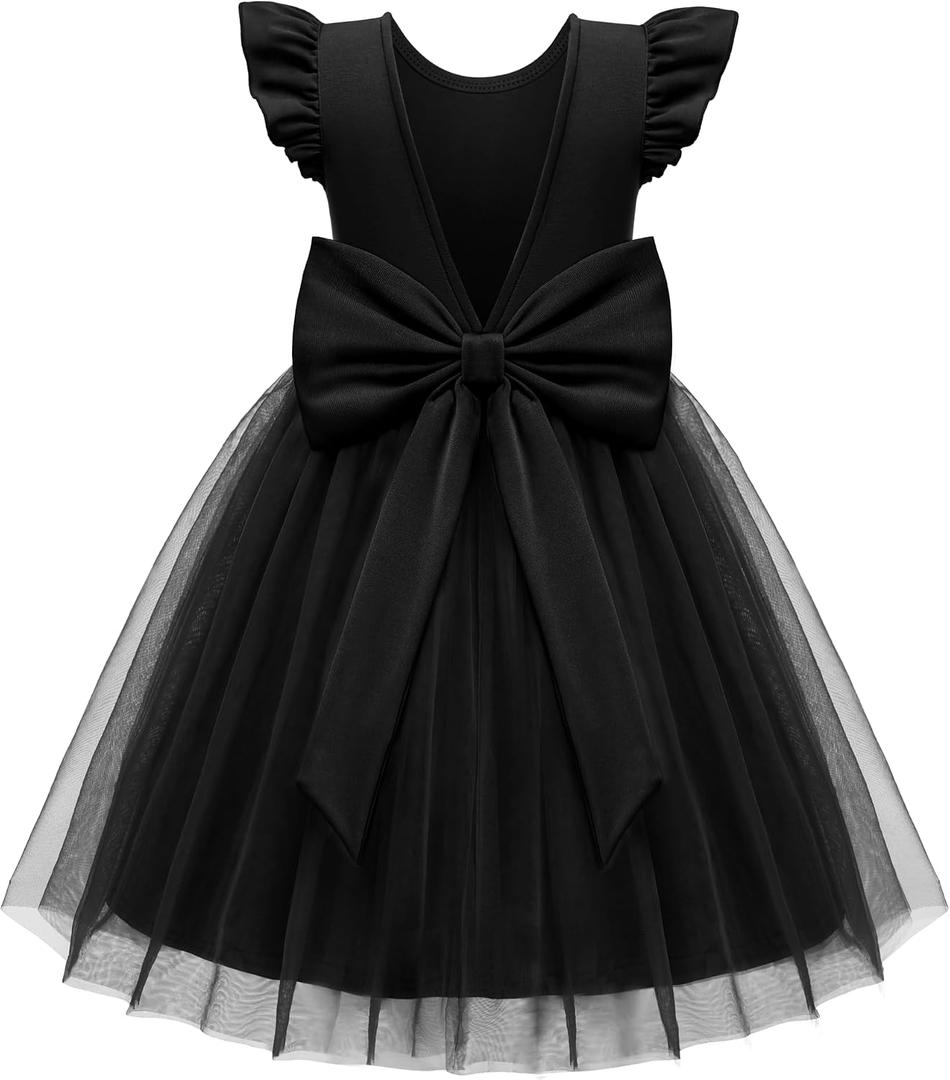 Arshiner Toddler Flower Girl Dress V-Back Bowknot Birthday Party Formal Ball Gown Prom Tulle Dresses (Black) 3-4Y