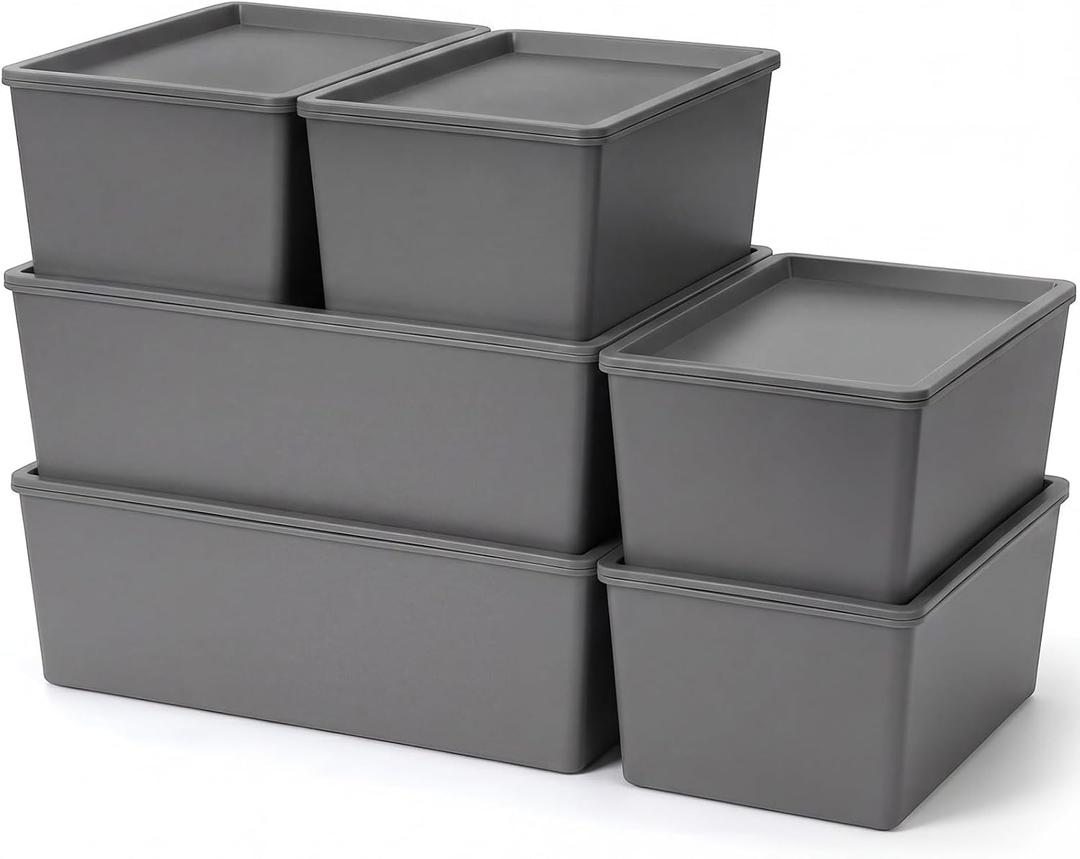 Menkxi 6 Pcs Plastic Storage Bins with Lids Stackable Storage Containers Durable Box Baskets for Organizing Shelves Playroom Classroom Office (Large and Small,Grey)