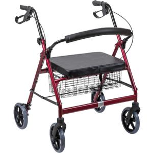 DMI Extra-Wide Heavy Duty Steel Bariatric Mobility Rollator Walker with Seat and Basket, Burgundy, Folding