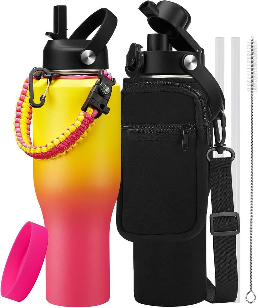 Insulated Water-Bottle 40 oz Tumbler - Fits in Any Cup Holder, Keep Cold 48H Hot 24H, Stainless Steel Water bottle with Straw, Spout Lid, Paracord Handle, Carrier Bag, Silicon Boot for Road Trip (Yellow Pink)