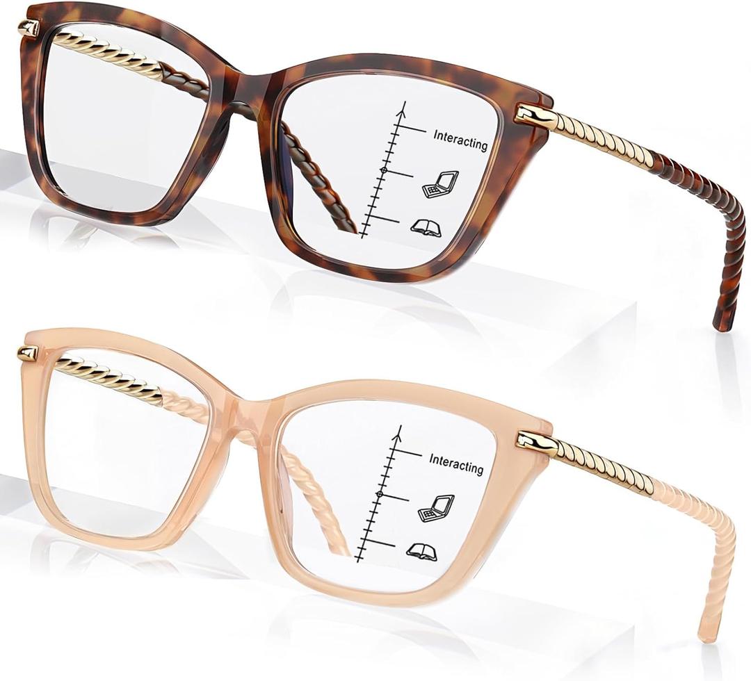2 PCS Eye-catching Progressive Multifocus Reading Glasses Women, Trendy Cat Eye Computer Readers with Twist Temples, Anti Blue Light/Eyestrain Multifocal Glasses, 2.0x 