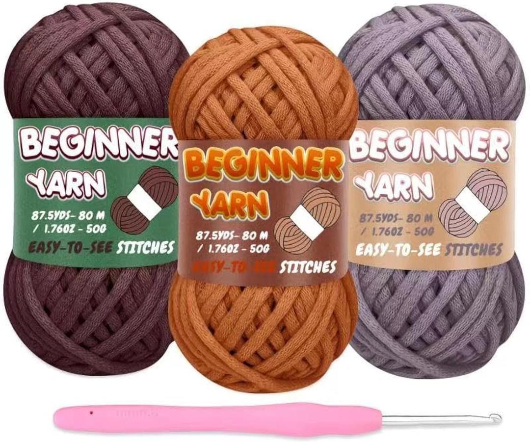 3 Pack Beginners Crochet Kit - Chocolate Brown, Grey, Caramel Yarn for Crocheting & Knitting, Easy-to-See Stitches, Chunky Thick Bulky Cotton Soft Yarn (3x50g)