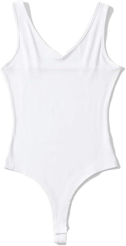 Hndudnff Women V-Neck Sleeveless Solid Color Bodysuits Summer Backless Knit Elastic Slim Sexy Bodysuit (Medium, White)