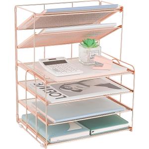OPNICE Desk Organizers and Accessories, 6-Tier Letter Tray Paper Organizer, Desktop File Organizer, Office Desk Accessories for Office Supplies (Rose Gold)