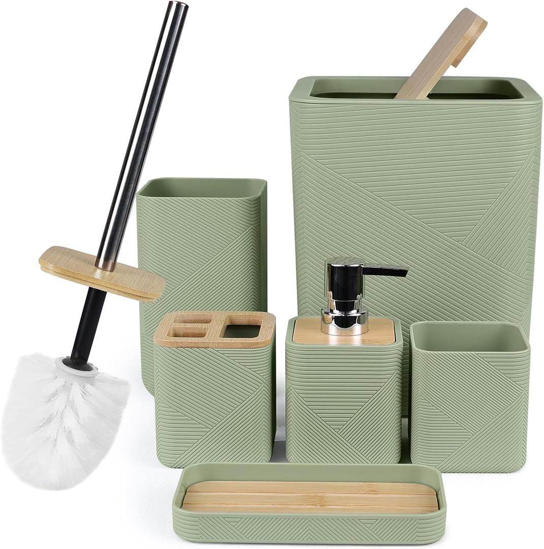 CERBIOR Bathroom Accessories Set 6 Piece Bamboo Bath Ensemble Includes Soap Dispenser, Toothbrush Holder, Toothbrush Cup, Soap Dish for Decorative Countertop and Housewarming Gift (Green)