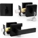 Probrico Flat Black Passage Door Lever with Single Cylinder Deadbolts Combo Pack, Modern Square Lock Set Handleset, Exterior Handle and Set