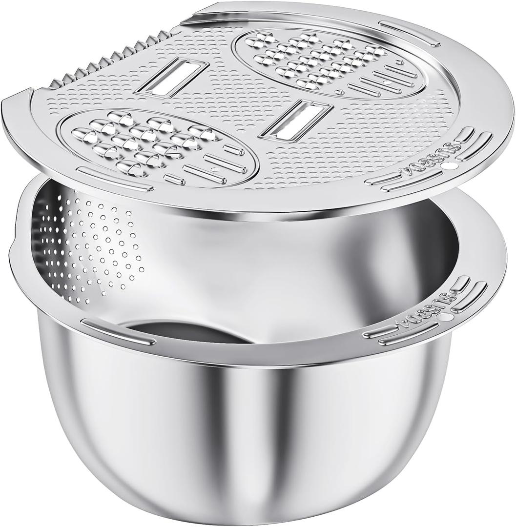 ESOW Colander Set Stainless Steel, Rice Washer Strainer Bowl with Grater, Multipurpose Use for Food Storage, Draining Water, Cutting and Slicing/Shredding, Kitchen Essentials