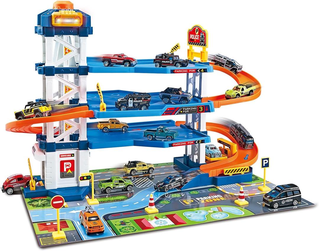 Dollox Parking Garage Toy Playset, Race Car Ramp Track Toys Sets Garage Playset with 6 Little Alloy Racer Cars Adventure Track, 3 Parking Levels Christmas Birthdays Gifts for Age 3 4 5 6 7 Boys Girls