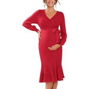 V FOR CITY Maternity Sweater Dress for Baby Shower Party Wrap V Neck Puff Sleeve Tie Waist Pleated Midi Dresses (Small, Red)