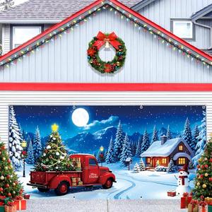 Christmas Garage Door Cover Decorations 7x16 Ft Winter Forest Xmas Trees Truck Snowman Village Night Backdrop Banner Large Holiday Party Background Murals Decor