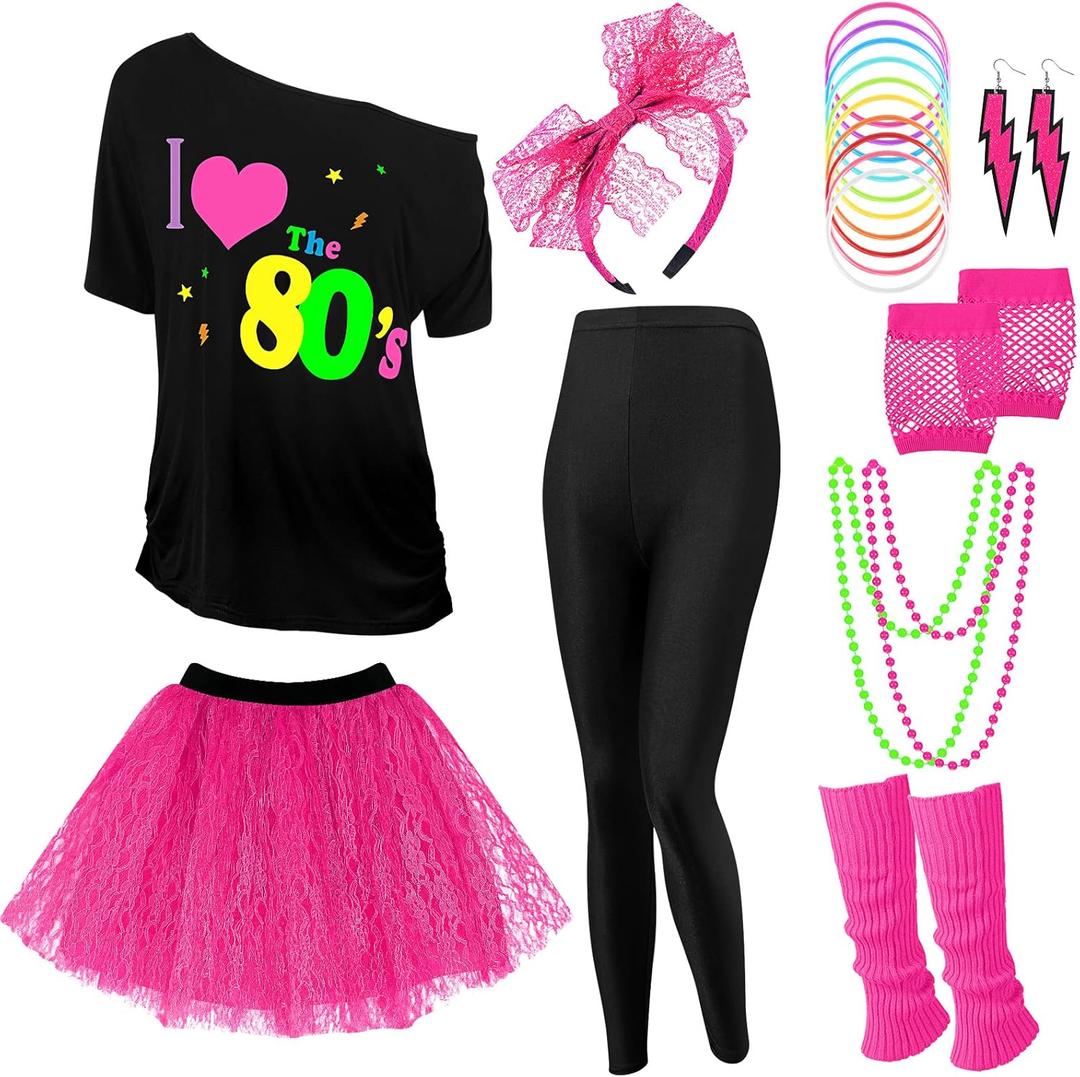 Vabean 19 Pcs 80s Costume Set T Shirt Leggings Tutu Skirt Headband Necklace Bracelets Earrings Gloves Leg Warmers for Women, XXL