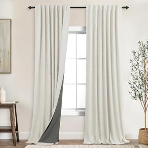 KOUFALL Linen Black Out Curtains 96 Inch Long,Light Blocking Cream Complete 100% Blackout Curtain Drapes for Living Room 2 Panel Set