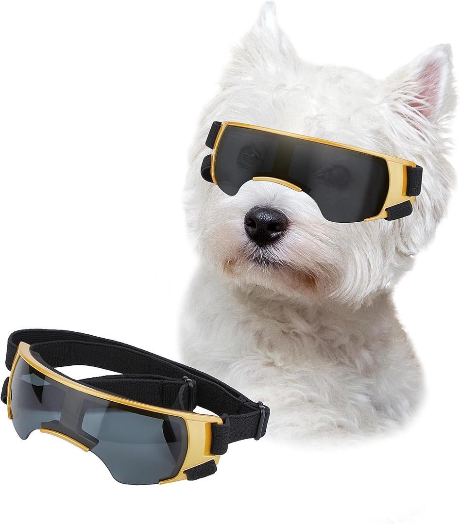LESYPET Dog Goggles for Small Medium Dogs, UV Protection Dog Sunglasses with Foam Padded, Windproof Eye Protection Puppy Sunglasses for Riding Driving, Adjustable, Gold