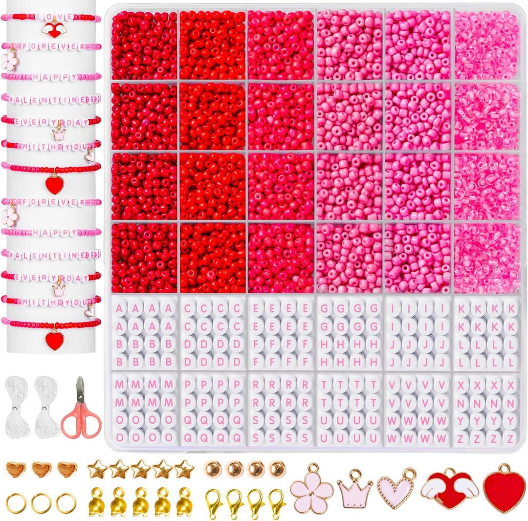 Goldwise Valentines Day Friendship Bracelet Kit for Adults  Pink Glass Seed Beads, 6 Unique Styles, Letter Beads and Charms, Romantic Jewelry Gift for Couples