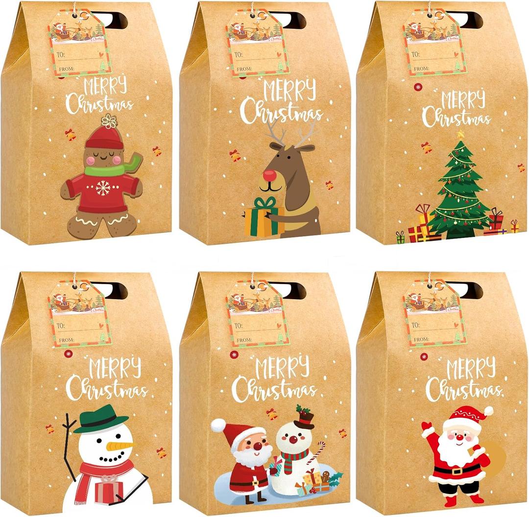 grestar 30PCS Christmas Kraft Gift Bags, Treat Boxes with Assorted Christmas Prints and Tags for Kraft present Bags, Goody Bags, Xmas Gift Bags, School Classrooms and Party Favors