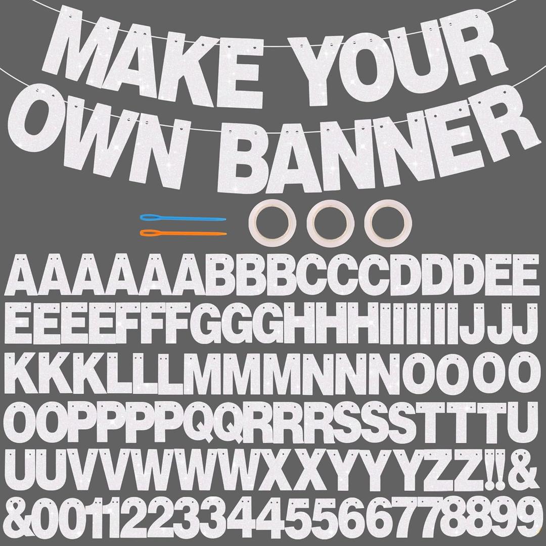 BEISHIDA 116 PCS A-Z DIY Letter Banner Kit Make Your Own Banner Including 111 Letters and Numbers 3 Rope and 2 Threading Device,Customized for Birthday Graduation Wedding Decor White