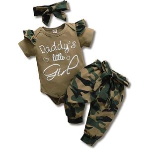 AMAWMW Baby Girl Clothes Set Daddys Little Girl Ruffle Romper Top Camouflage Pants Newborn Infant Baby Girl Outfit (6-12 Months, A Green 1)