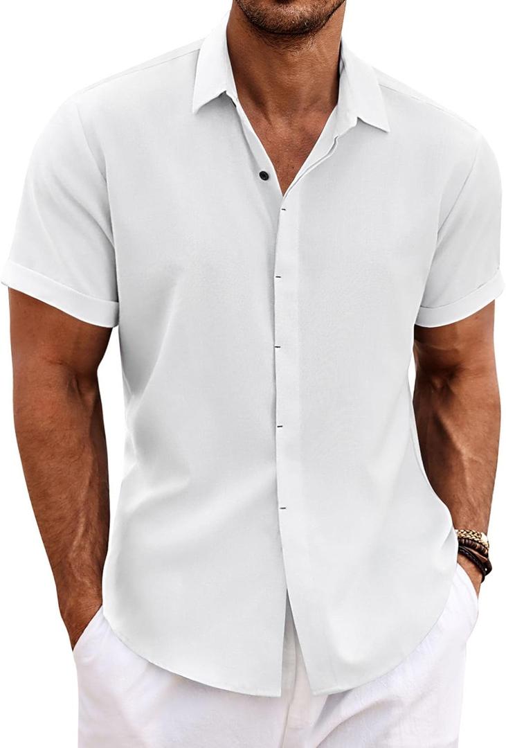 COOFANDY Men's Linen Shirts Short Sleeve Casual Shirts Button Down Shirt for Men Beach Summer Wedding Shirt White