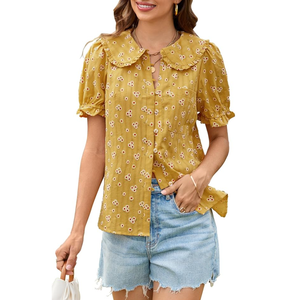 ECOWISH Women's Button Up Shirt - Peter Pan Collar Frilled Short Sleeve Summer Tops Casual Cotton Retro Floral Blouse
M
