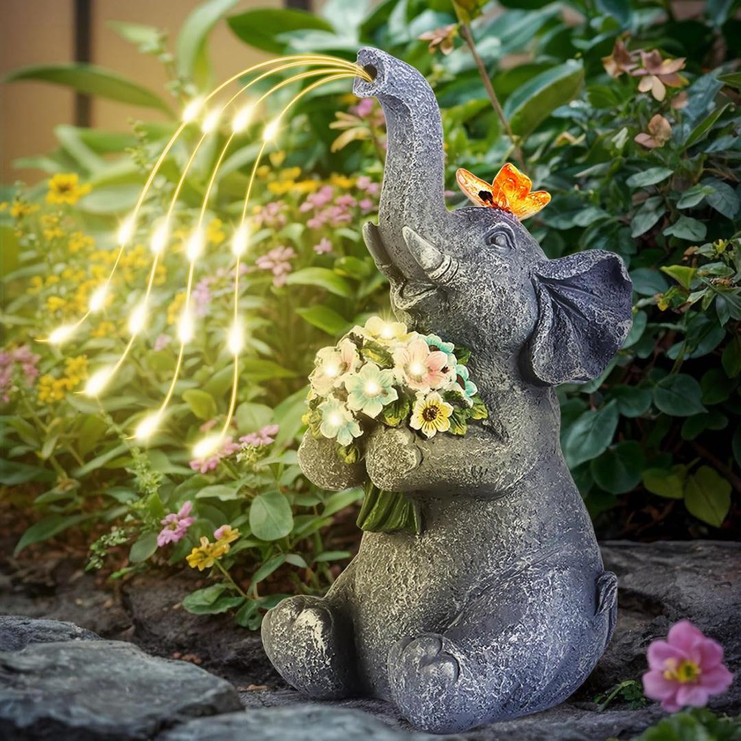 Solar Garden Elephant, Lights Watering Decor, Animal Statue Outdoor, Fairy Garden Accessories,Patio,Yard,Balcony Decorations, Lawn Ornament, Housewarming, Birthday,Mothers Day Mom Gifts, Medium