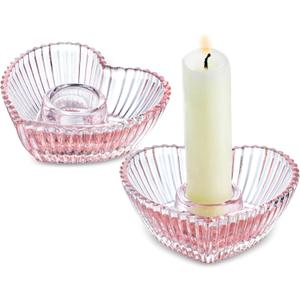 3'' Pink Glass Candlestick Holders, Set of 2 Heart Shaped Candle Holders for Christmas, Wedding, Party, Decoration and Dining