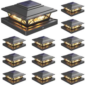 JOFIOS Post Cap Lights Outdoor 12pack, Black Deck Fence Post Lights Solar Powered with 16LEDS 2 Lighting Modes, 4x4/5x5/6x6 Waterproof Fence Post Solar Lights for Garden Patio Porch Backyard