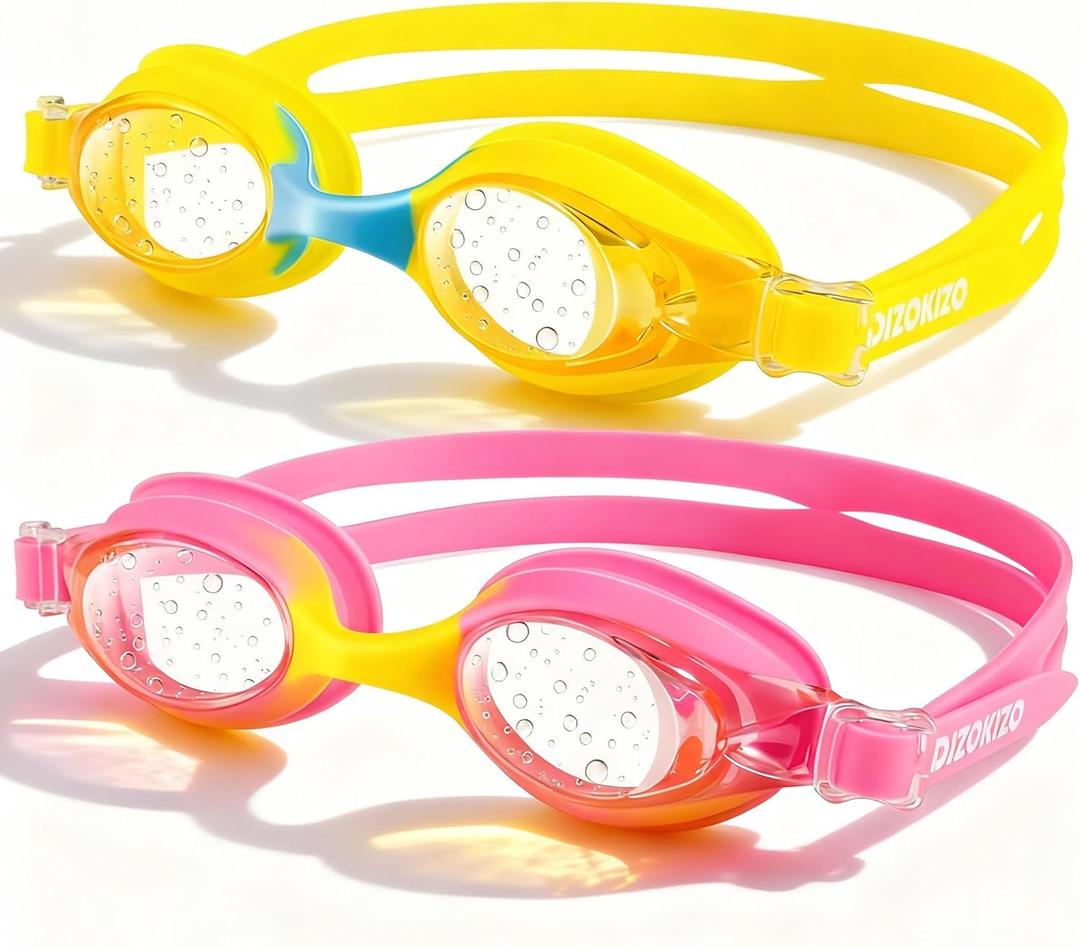 2 Pack Kids Swim Goggles for Toddlers 6-14(8-12), Anti-Fog UV Protection No Leak Swimming Glasses for Boys Girls (Rose & Yellow)