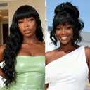 Body Wave Wig with Bangs Throw ON GO Black Bang Wig Fiber Pre Plucked Natural Look Realistic Hairline Ready to Wear Friendly for Beginners 26 Inch