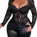 WDIRARA Women's Plus Size Lace Bodysuit Mesh Long Sleeve Sweetheart Neck Leotard Body Suit Black Large Plus
