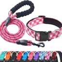 Reflective Dog Collar Padded with Soft Neoprene Breathable Adjustable Nylon Dog Collars for Small Medium Large Dogs (Small (Pack of 1), Pink Plaid Collar+Leash)