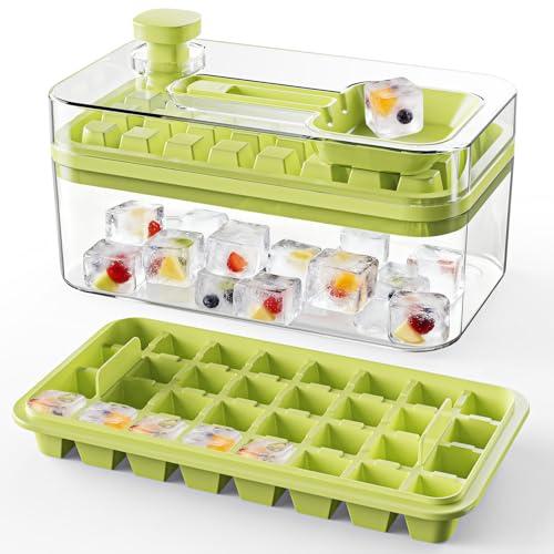 EuChoiz Ice Cube Tray with Lid Press Easy Release, Scoop and Bin Ice Trays for Freezer, Making 64 pcs Ice Cubes for Chilling Cocktail Whiskey Coffee Include 2 Trays and Storage Container, BPA Free