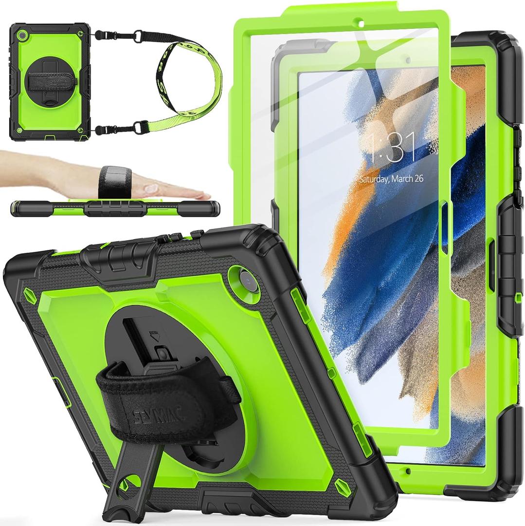 SEYMAC stock Case for Samsung Galaxy Tab A8 10.5'', Full-Body Drop Protection Case with Screen Protector Pencil Holder [360 Rotating Hand Strap] &Stand, Green+Black
