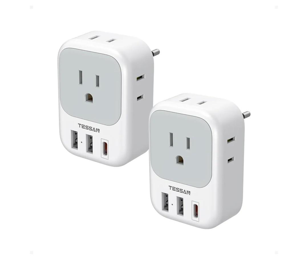 TESSAN European Travel Plug Adapter 2 Pack, Type C PlugNot Voltage Converter, 4 Outlets 3 USB (1 USB C PD 20W), For Europe Italy Spain France Portugal Iceland Germany