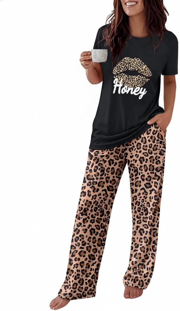 CHICME 2 Pieces Outfit Short Sleeve Top and Elastic Waist Pants Set Casual Leopard Print Pajamas Set-bk-L
