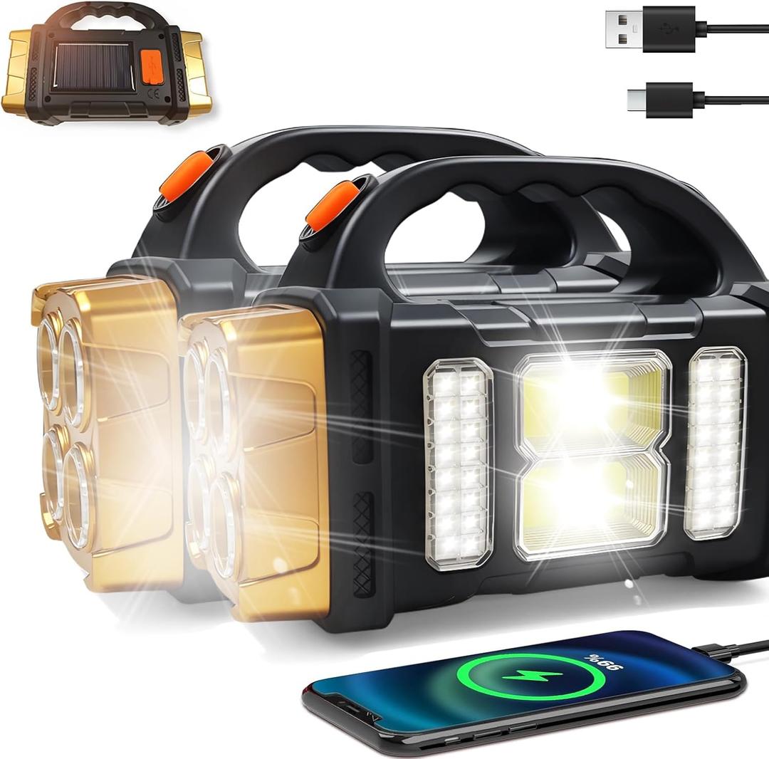 Versatile Solar Flashlight with Dual Charging Modes | 4 Light Modes USB/Solar Powered| Portable Emergency Charger & Outdoor Camping Light (Gold-2pcs)