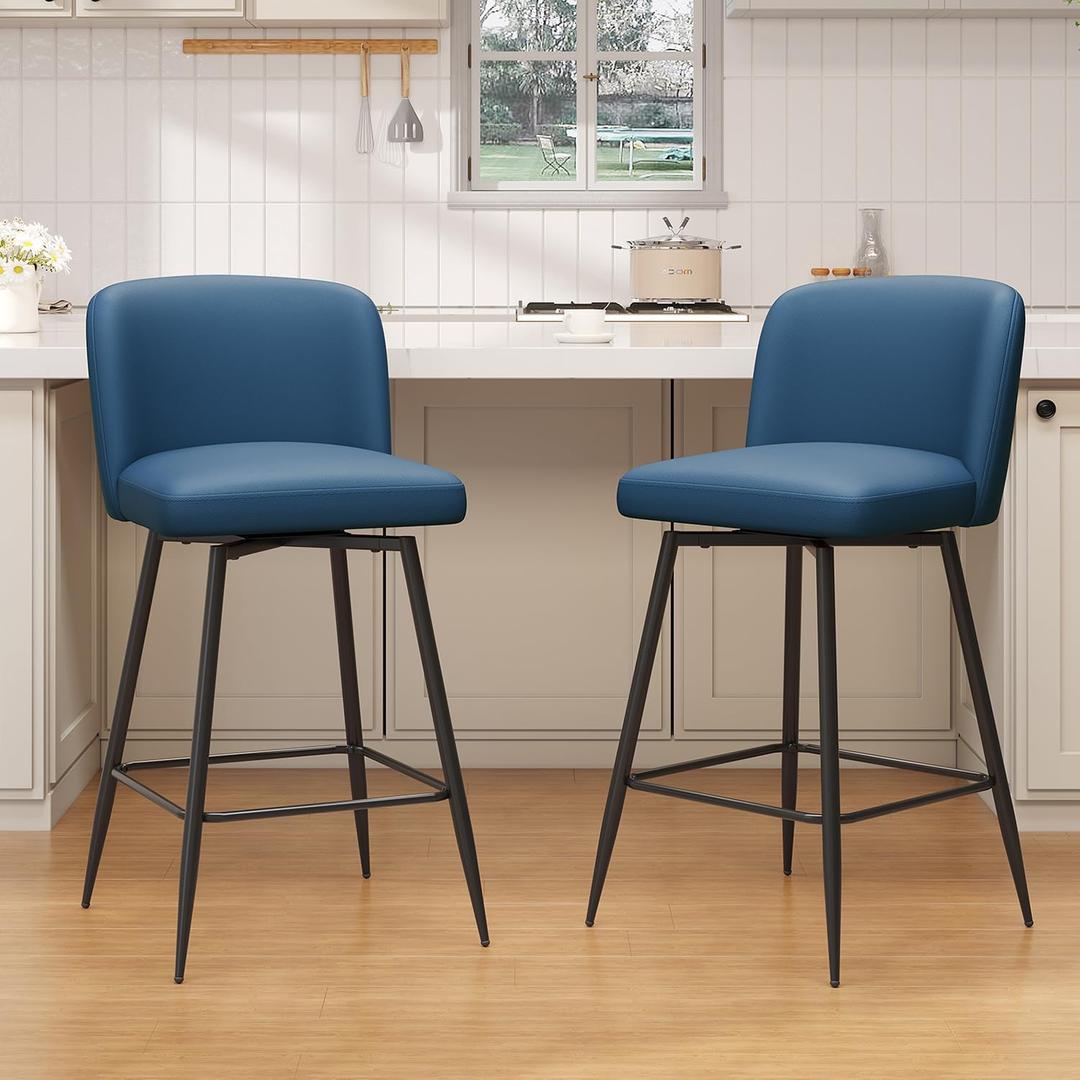 Pellebant 27 Inch Swivel Bar Stools Set of 2 Counter Height Barstools with Back Faux Leather Kitchen Island Chairs for Home Counter Kitchen and Dining Room Furniture, Blue, 2 PCS - 27" Counter Height